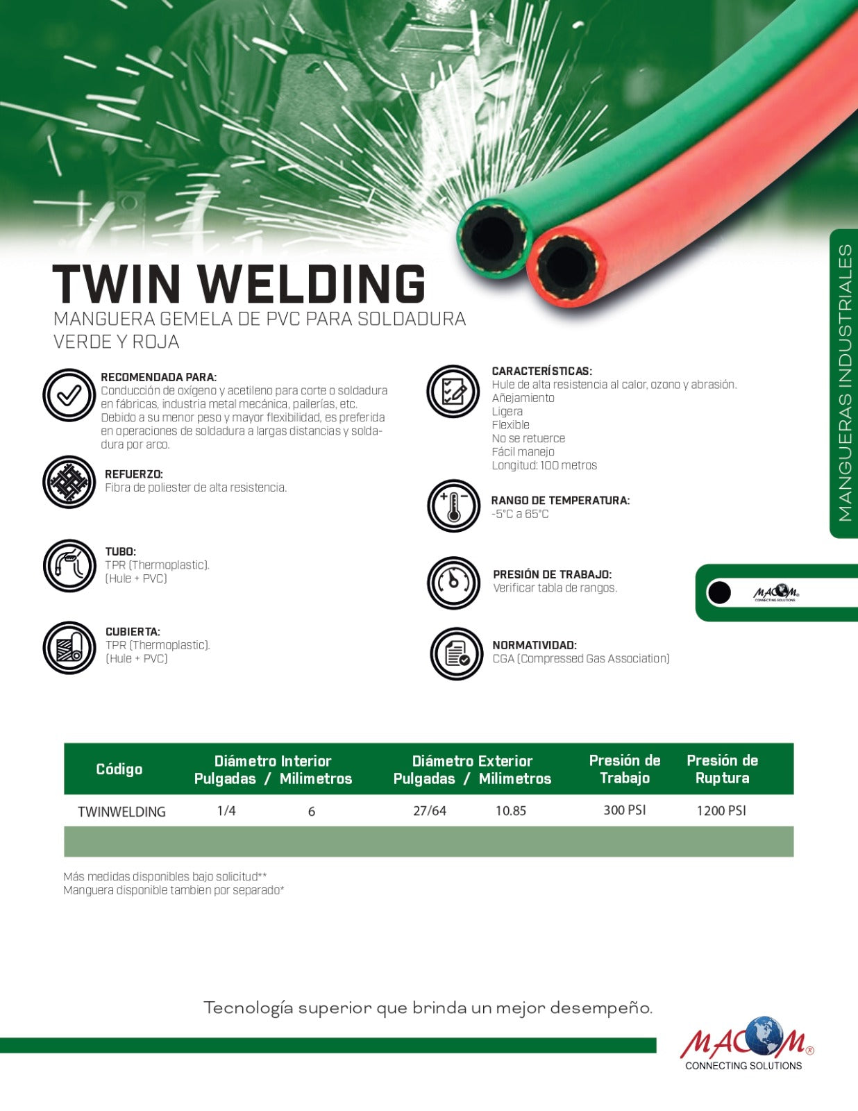 MANGUERA GEMELA DE PVC PARA SOLDADURA VERDE Y ROJA